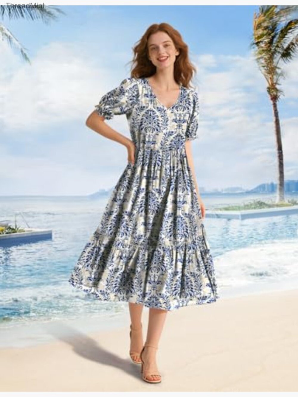 V Neck Short Sleeve Midi Dress with Pockets Floral A-Line Summer - Picture 2 of 7
